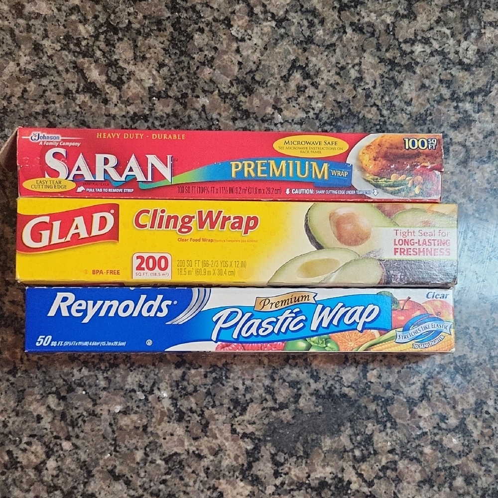 Lot of 3 NWT 350 SQ feet  heavy duty plastic food wrap/ cling wrap Saran, Glad